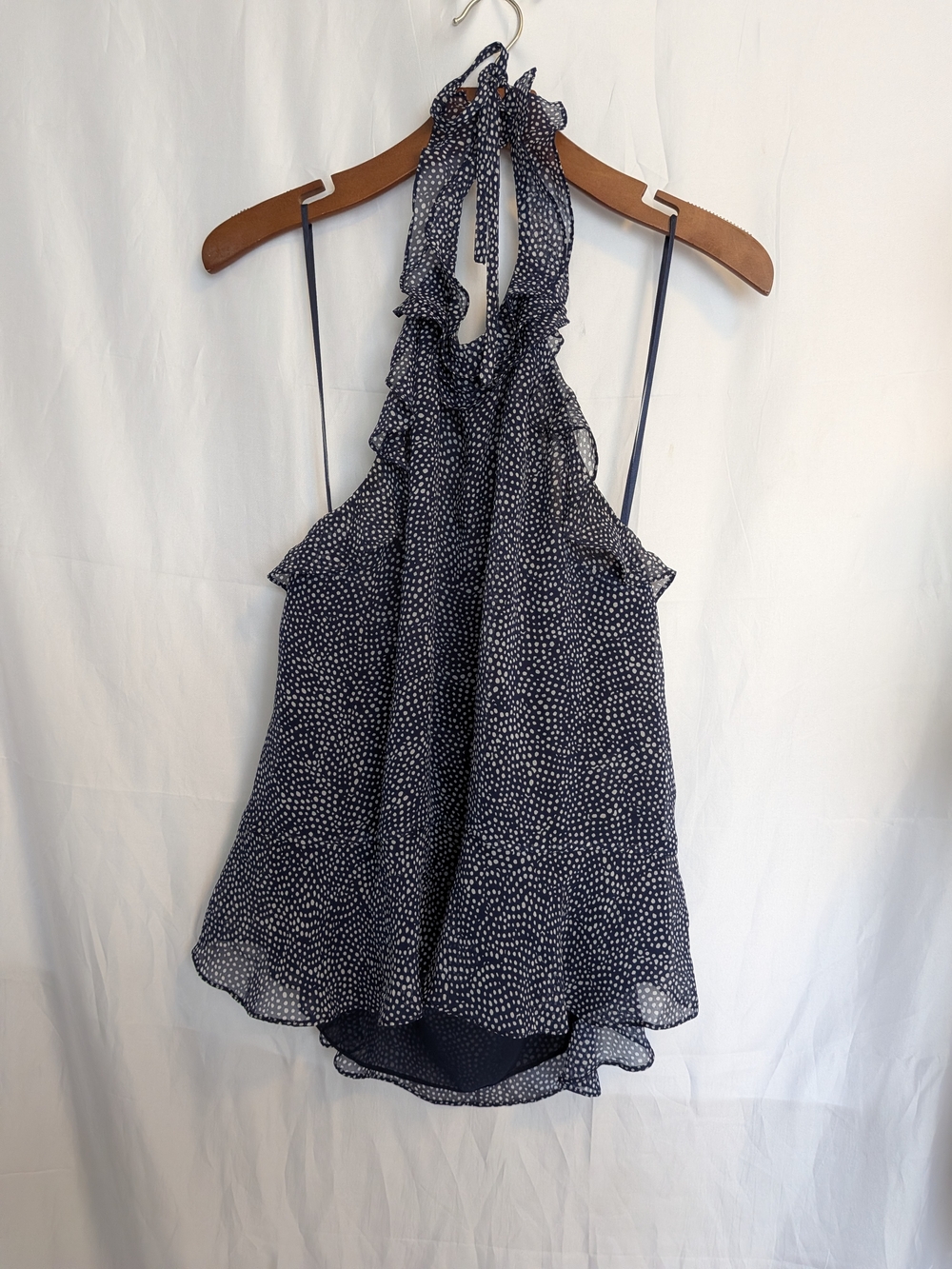 Diane Von Furstenberg Navy and White Polka Dot Halter Ruffle Top Size Medium